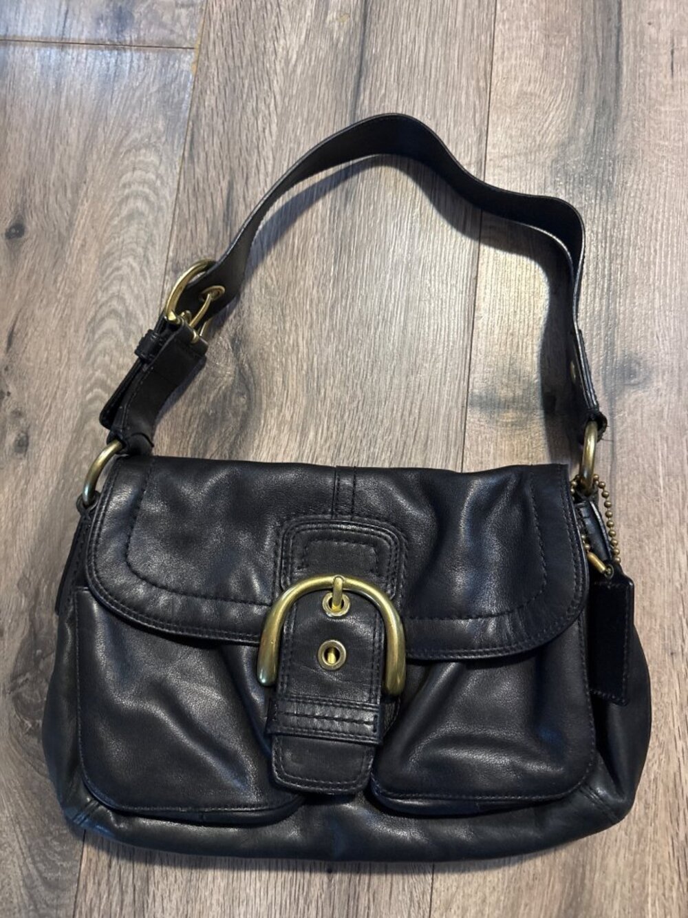 Coach Black Leather Soho Shoulder Bag With Brass Buckle & Flap Style No. F11842